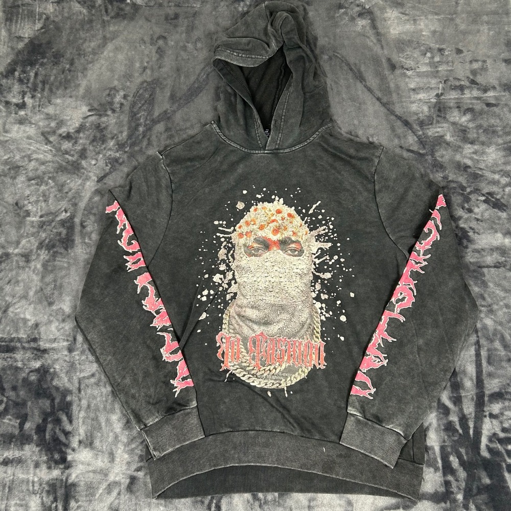 Romwe Hoodie Mens XL Black Mineral Wash Graphic Balaclava Pink Sleeve Print